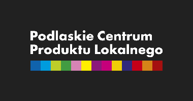 Logotyp Podlaskiego Centrum Produktu Lokalnego, zawiera biały napis na czarnym tle i kolorowe kwadraty