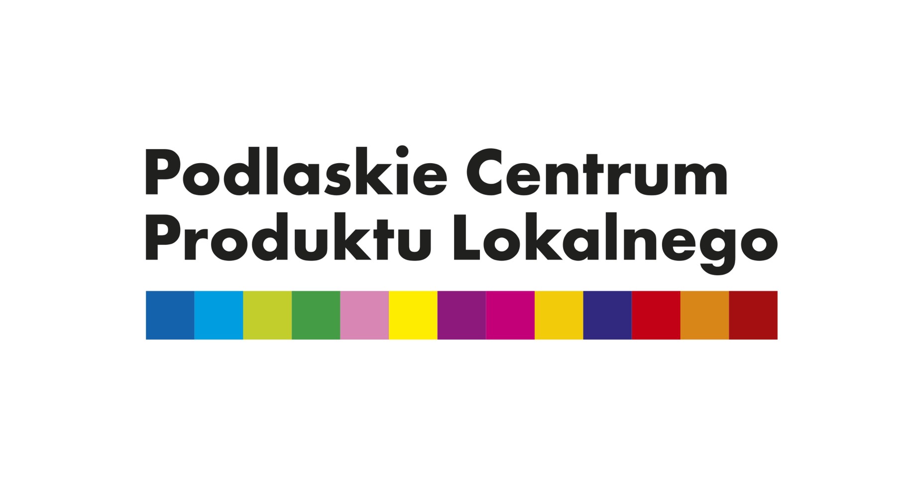 Logotyp Podlaskiego Centrum Produktu Lokalnego - napis nad kolorowymi kwadratami inspirowanymi logo Województwa Podlaskiego